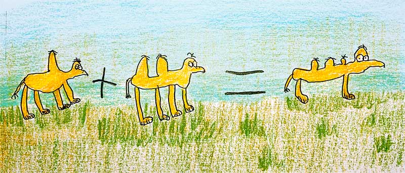 Um cartum de painel único: dromedário (camelo de uma só corda) + camelo = um animal de três corda